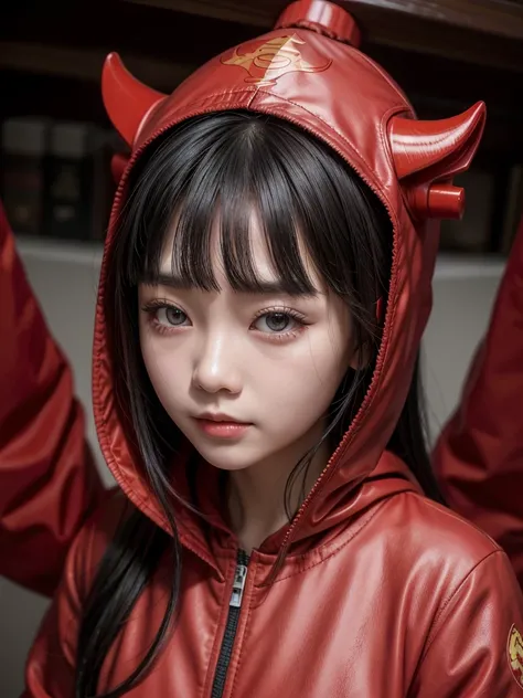 A Chinese girl in a red technological outfit with a dragon-shaped hood, scale print, beautiful girl with long black hair with straight bangs covering her entire forehead, slanted eyes with typical Chinese makeup, for the