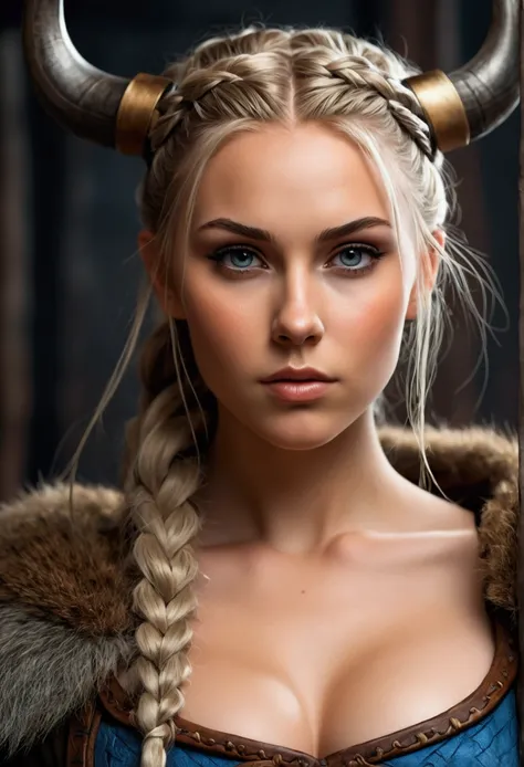 Create an image of a stunningly gorgeous beautiful realistic viking girl, stunningly gorgeous beautiful perfect sexy face, stunning makeup, hair in bun, large breast, slim waist, sexy hips, traditional viking hair, traditional viking outfit,