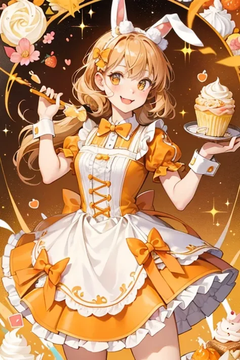 Orange Cream is a light brown wafer GIRL bunny with a scrunched winking eye and her tongue sticking out. She has orange icing and pale yellow sprinkles, and she wears a raspberry bow. SPARKLE; GLITTER