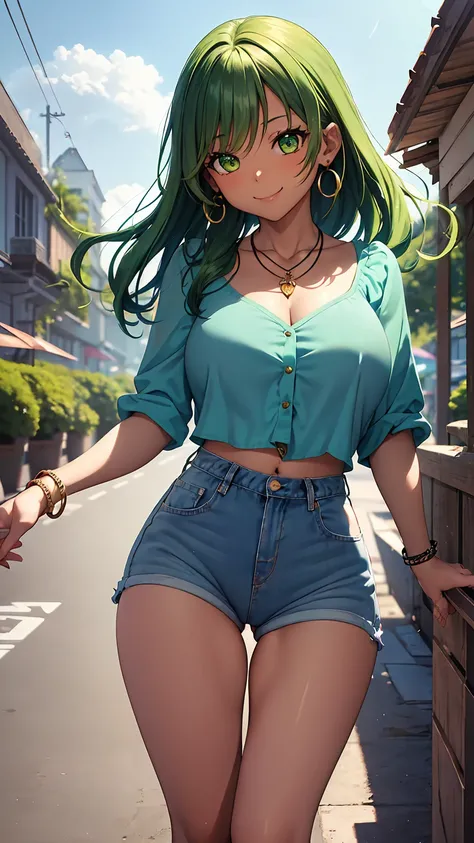 1girl, anime girl, anime, (dark skin), stylish girl, bracelet, necklace, earrings, 2d girl, 18y, (fullbody), standing, anime girl, seductive smile, (green hair), flowing hair, hair flowing in the wind, ((blue blouse)), Solo, Slim, Big Breasts, Tight Shorts...