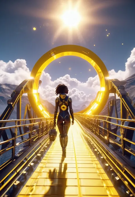 Black woman walking on a floating yellow wooden bridge in outer space, spherical portal in background connecting to the bridge, (((yellow sunshine in sky shining a light   providing a beautiful and vibrant glowing cinematic scene))), ultra HD, hyper-realis...