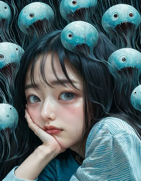 An illustration、art、Supervised by Junji Ito、Overaction、Overreaction、Pretending to be scared、Attention to detail, Realistic shadows、Analog Style, chromatic aberration, Surrealism