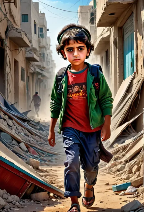 a powerful album cover, a childs of Gaza, war-torn Gaza, resilience and suffering, harsh realities, courage and determination, poignant imagery, muted color palette, struggle and hope, strength in adversity, inspire empathy, support for Gaza, (best quality...