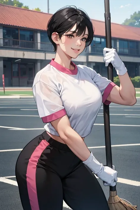 A muscular mature woman with short black hair and wearing a short-sleeved, long-pants gym uniform is cleaning the schoolyard with a broom while wearing large pink rubber gloves and smiling gently.