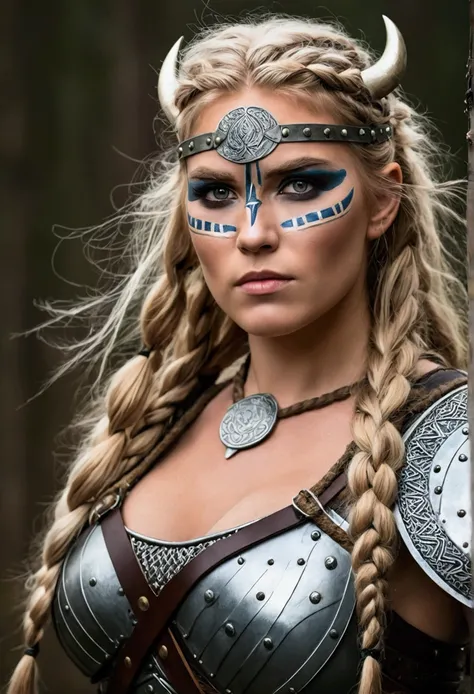 Create an image of a stunningly gorgeous beautiful sexy shieldmaiden, stunningly gorgeous beautiful perfect sexy face, large breast, slim waist, sexy hips, traditional dutch hair, fantasy viking clothes, war makeup, war face paint, 