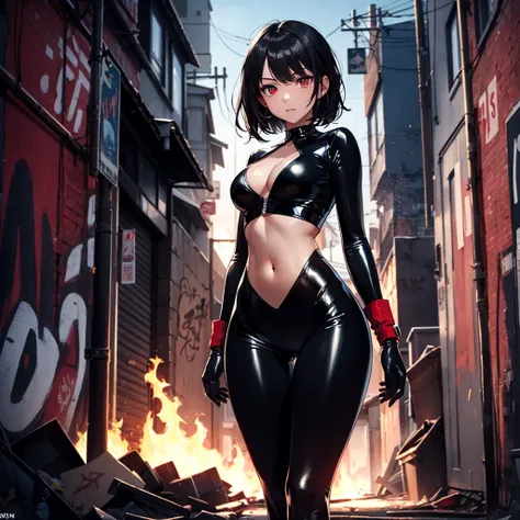 Top-quality, best quality, masterpiece, 1girl(22 years old, short black hair, red eyes, medium breasts, slender body), full latex bodysuit(jet black, flame highlights, oval opening at stomach), floating in the sky, looking down at viewer, aggressive stare,...