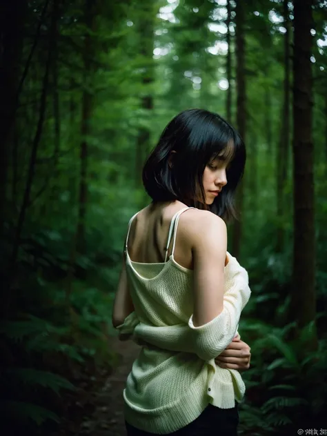 A thin girl hugging herself in a dark forest, showing her bare back, short hair, with out showing her face.