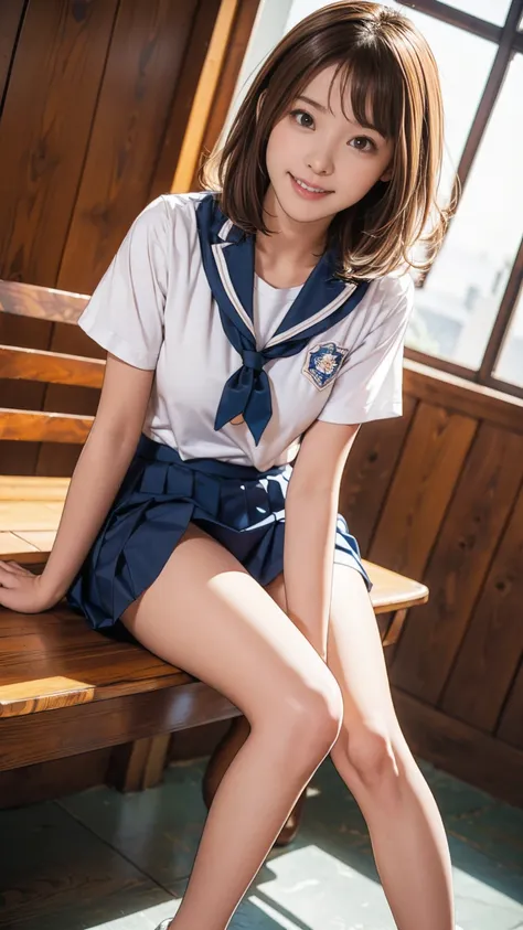 ((Crotch focus)), ((Stand with your feet apart)), (((Look up at the camera from your feet、Shot from a low angle with emphasis on thighs and crotch).,The best smile：1.5、 Highest quality, Highest quality, High School Girl Uniform, Medium chest, Pleated skirt...