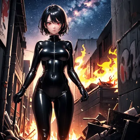 Top-quality, best quality, masterpiece, 1girl(22 years old, short black hair, red eyes, medium breasts, slender body), superhero, full latex bodysuit(jet black, flame highlights, oval opening at stomach), floating in the sky, looking down at viewer, aggres...