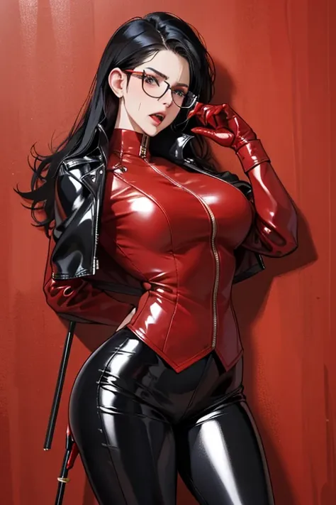 A mature woman with black hair and glasses, wearing red patent leather gloves, a black leather jacket and black patent leather leggings, is crying and screaming as she puts her hands on the wall and sticks out her buttocks