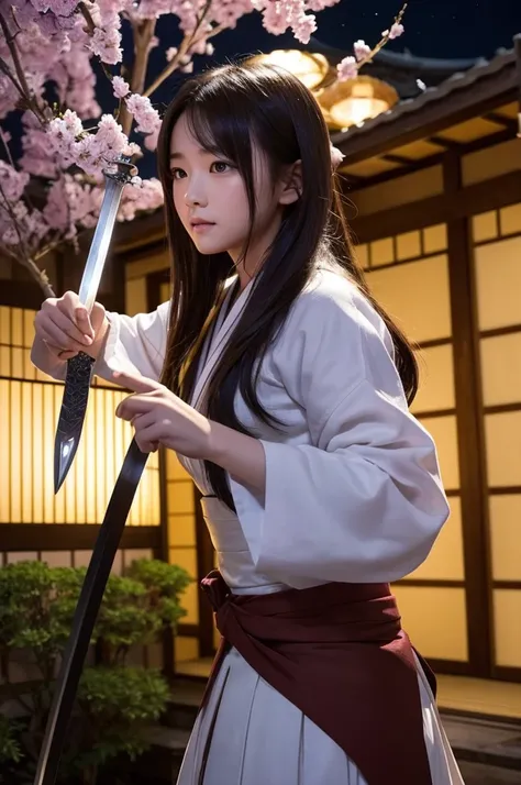 **Prompt Content**：
In the temple grounds at night、This is a scene where a beautiful Japanese girl with a sword shows off her magnificent sword skills.。Light effects fly around her.、It emphasizes the dynamic movement。

**Background features**：
A traditiona...