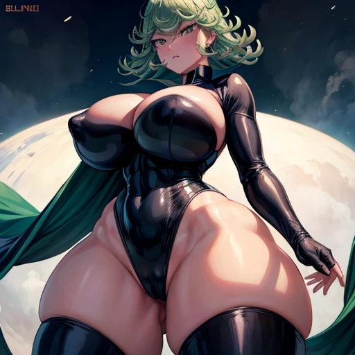 Tatsumaki,huge ass, giant ass, huge thighs, giant thighs, super tight sexy bunny suit that gets into her buttocks and vagina, facing you showing you her tits , blushing, say Chinese underwear