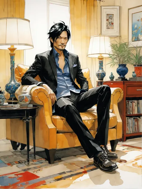 in style of Dustin Nguyen, full body portrait of character sitting in the living room