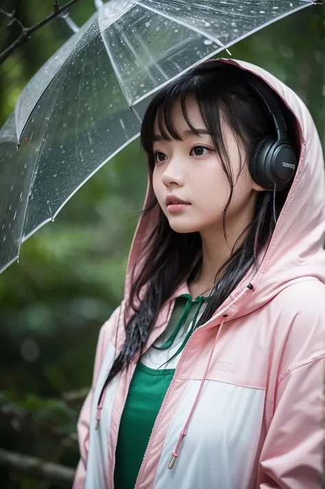 **Prompt Content**：
A scene of a beautiful green-haired Japanese girl staring ahead in a dimly lit forest.。The beautiful girl is wearing a pink hooded jacket、Underneath, a black bra top is visible.。The girl has big headphones on her head.、Her wet green hai...