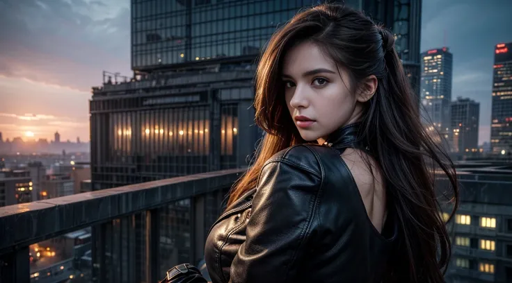 ((masterpiece, best quality, Highest image quality, high resolution, Reality, RAW photos, 8K)), Future city ruins，standing on top of the building，Beautiful girl，Tight leather jacket，Off-shoulder，Large Breasts，Long hair，Black Wings，Pretty face，Closed mouth，...