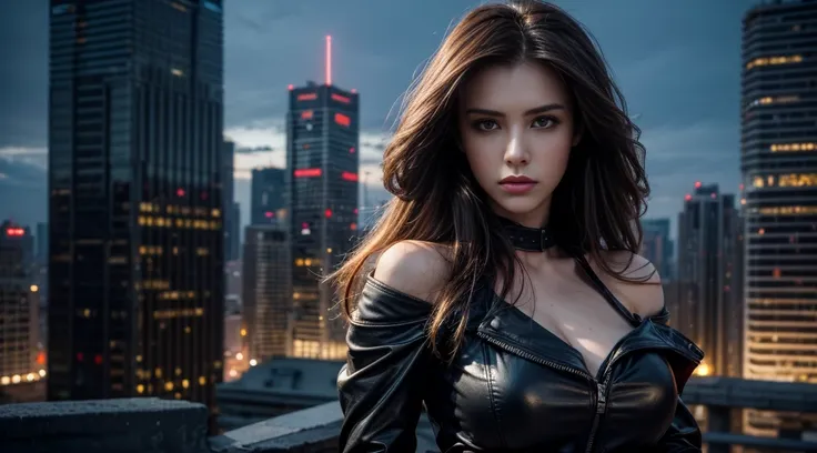 ((masterpiece, best quality, Highest image quality, high resolution, Reality, RAW photos, 8K)), Future city ruins，standing on top of the building，Beautiful girl，Tight leather jacket，Off-shoulder，Large Breasts，Long hair，Black Wings，Pretty face，Closed mouth，...