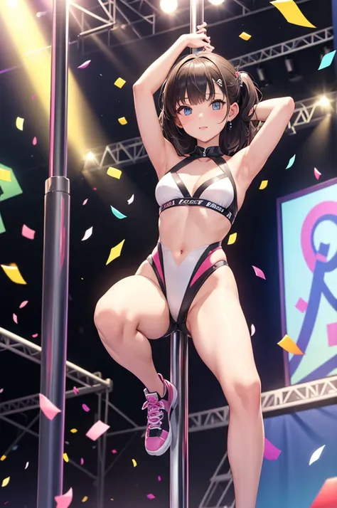 1girl, (pole dancing:1.2), squatting, open legs, arms behind head, stage,confetti