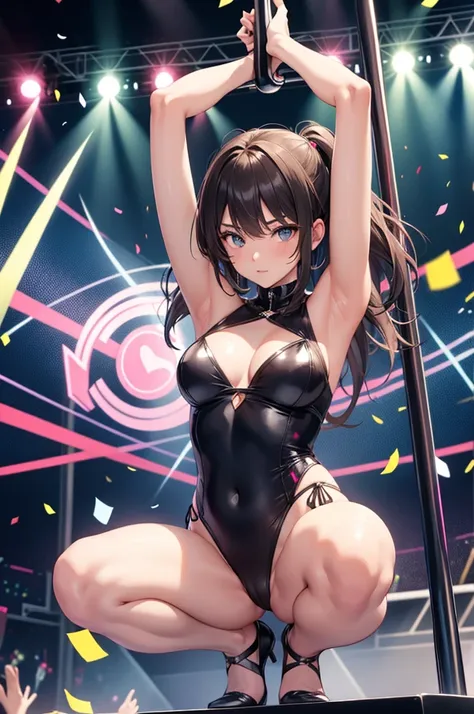 1girl, (pole dancing:1.2), squatting, open legs, arms behind head, stage,confetti