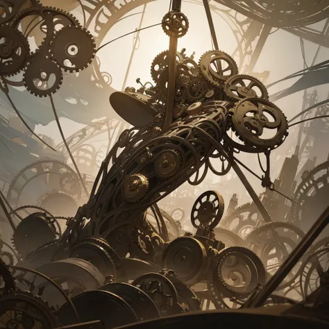 Design a surreal, dark steampunk scene that focuses solely on floating saxophones and clocks. There should be no people or city elements in the scene.

Floating Saxophones: Feature several saxophones suspended in mid-air. The saxophones should be highly de...