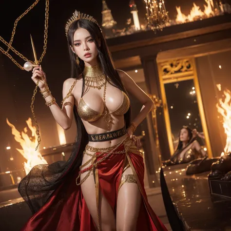 Egypt queen slender tall supermodel, posing for shooting, long elegant beautiful legs, high gold stiletos with big red platform, with 2 fire daggers in her hands... she has an expressive face full of revenge look, Her thick, long hair flew in the wind, cre...