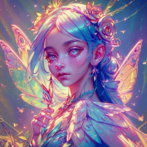 detailed fairy, 1 girl, fairy with rainbow wings, cute fairy, beautiful detailed face, beautiful detailed eyes, beautiful detailed mouth, long eyelashes, soft glowing skin, intricate colorful fairy wings, ethereal and magical, fantasy, (best quality,4k,8k,...