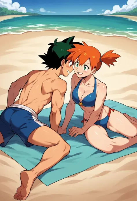 1boy, ash ketchum, black hair, brown eyes, hair between eyes, ash ketchum, on beach, shirtless, male swimwear, handsome boy, macho, good looking boy

1girl, misty pokemon, orange hair, green eyes, on beach, swimsuit, pretty, beautiful girl

photograph of a...