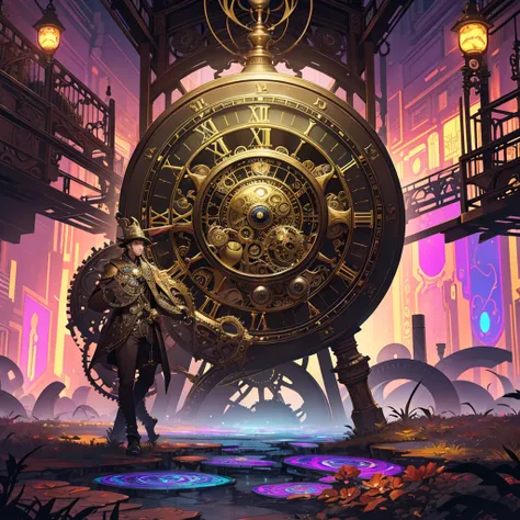 Create a surreal and psychedelic steampunk scene with a large, ornate antique clock as the central element. The clock should be highly detailed, featuring brass and copper components, visible gears, and elaborate clock hands.

Central Clock: Ensure the clo...