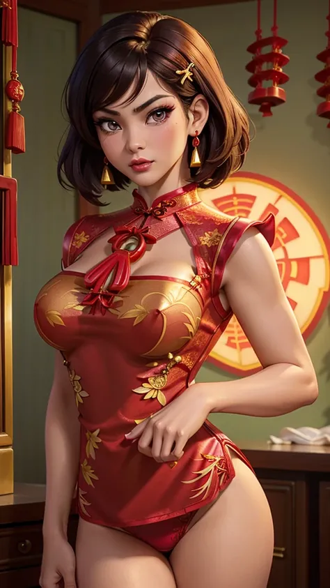 Latina Adult model Daisy Marie, Highest quality、highest quality、Highest Resolution、beautiful girl, Bright brunette hair,Short Hair、Big Breasts、Hair clip, Detailed purple eyes, ((Red cheongsam like underwear:1.4)),Firm breasts,Gold Necklace、Golden earrings、...