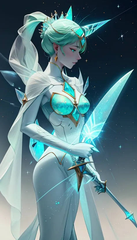 Excalibur, Delicate mango, The sword body is exquisite，well decorated,（((The body of the sword is designed with a blue opal and a light green particle effect shaped pattern..：1.3))), Should, (The sword body is symmetrically decorated:1.3), (The entire Exca...