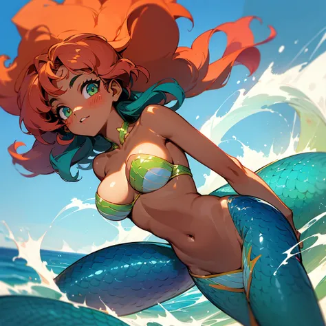 Lush mermaid of color, afro hair tanned skin very marked abdomen and large breasts jumping out of the sea 