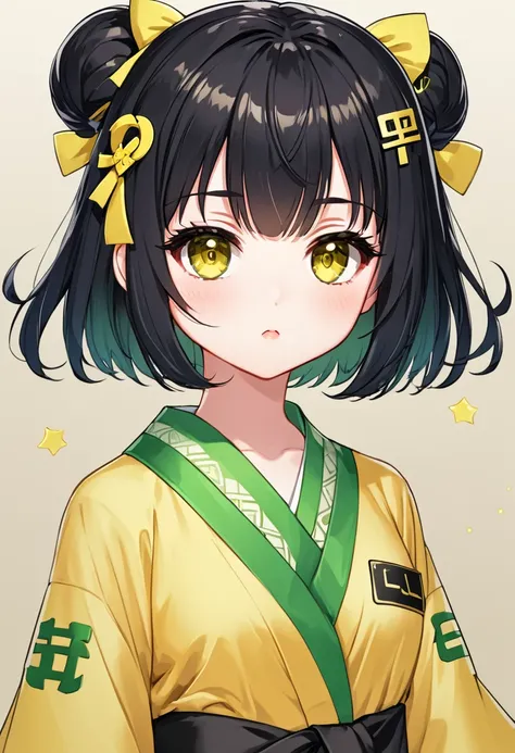 (masterpiece), best quality, ((loli)) , (yellow miko robe), (black sash), ((dollar sign hairpin)), green highlights, short bob hime haircut, bangs, black hair, kuudere, bored expression, cute, yellow eyes, chibi