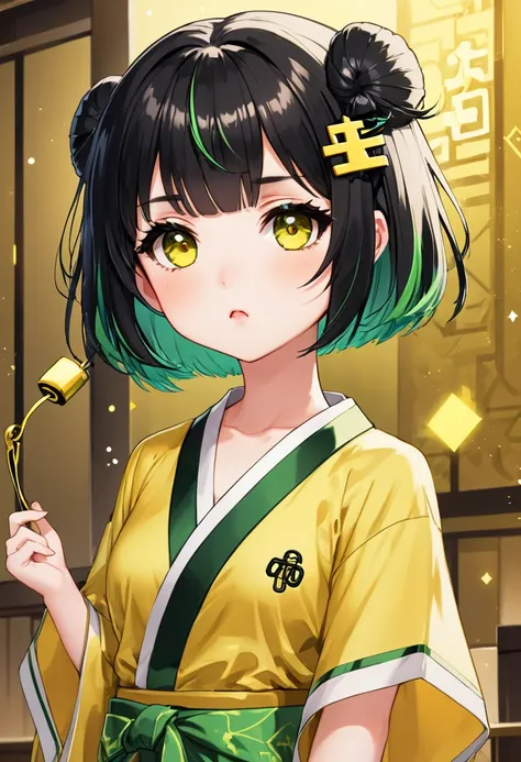 (masterpiece), best quality, ((loli)) , (yellow miko robe), (black sash), ((dollar sign hairpin)), green highlights, short bob hime haircut, bangs, black hair, kuudere, bored expression, cute, yellow eyes, chibi