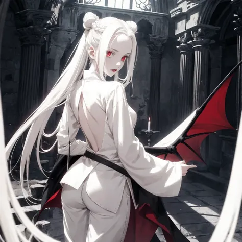 a young beautiful girl, calm, vampire, bright red eyes, white long hair, pale skin, hairstyle bun at the back, white ancient shirt, black ancient pants with armor, Fangs are visible, bat wings on the back, flat body shapes, furnishings of an old castle, su...