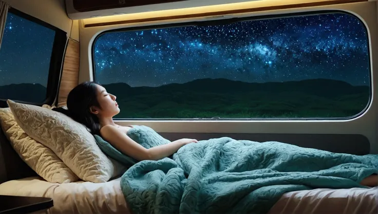 The interior of the minibus is comfortable, Luxurious bed with fluffy pillows and warm blankets. From the large windows and transparent ceiling、Enjoy breathtaking starry sky views。, Beautiful woman sleeping in bed, Increase the overall appeal of the scene,...