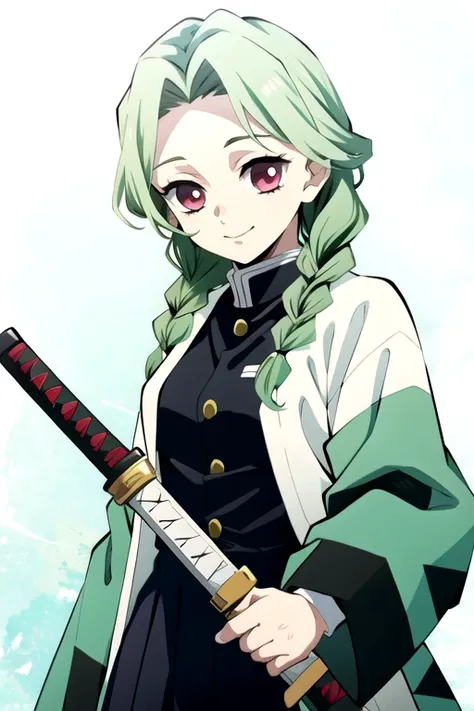 Oc kimetsu no yaiba, famale, braided hair forward, katana, holding weapon, holding, black hair, black hair, holding sword, japanese clothing, haori, long braided hair, smile, red eyes, upper body, long hair, empty eyes, green gradient hair, long sleeves, n...