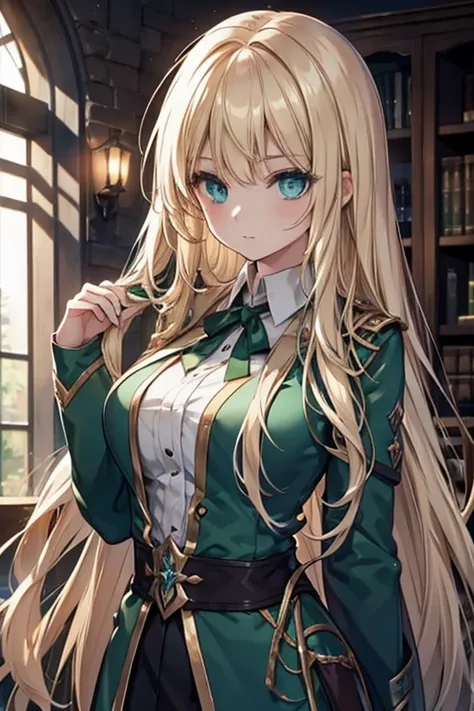 A wizard with long blonde hair, green eyes, and large breasts, dressed in Slytherin clothing.