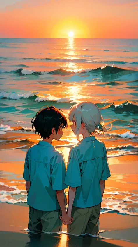 （sea：1.1）（unset by the sea）, two people sitting on the back of the beach They hold hands The girl has flowers in her hand The boy looks down at her dotingly（requirements：a warm color palette