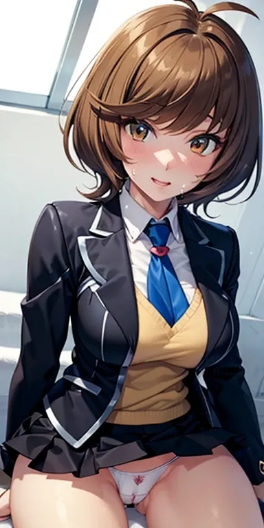 1 Female,High definition,high resolution,Ultra-realistic,8K, hmza, short hair, antenna hair, brown eyes, , blue necktie, (black jacket), yellow shirt,long sleeves,( black skirt),tight skirt , miniskirt,European,sexy,Upper body close-up,Photographed from th...