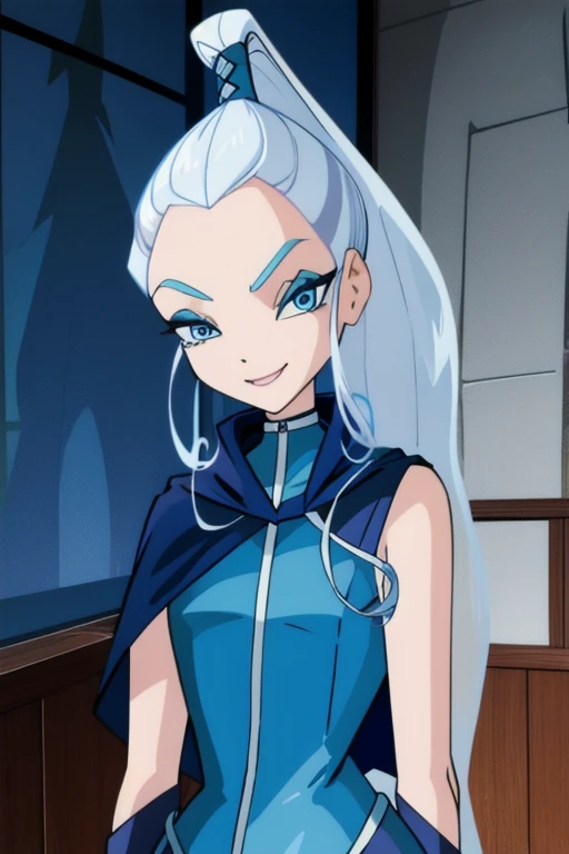  blue eyes, white hair, ponytail, very long hair, eyeshadow, WitchOutfit, sleeveless, dark-blue bodysuit, kneeboots, gloves, cloak, blue cape, icywinx, smile, room