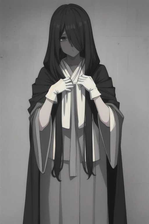 ((masterpiece)), (best quality), (absurdres), black hair, yamamura_sadako, (black obi), (grey skin), hair over eyes, eyes covered, long skirt, looking at viewer, cape, long sleeves, cloak. White gloves