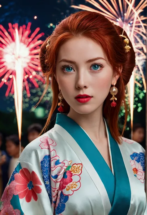 Best Quality,masterpiece,looking at the viewer,absurdities,1 girl, depth of field,retro artstyle,1990s (style),Shan,For the blue,green eyes,lipstick,by the wide,earrings,make up,kimono, Fireworks, Forks,aerial Fireworks,festival,japanese clothes,summer fes...