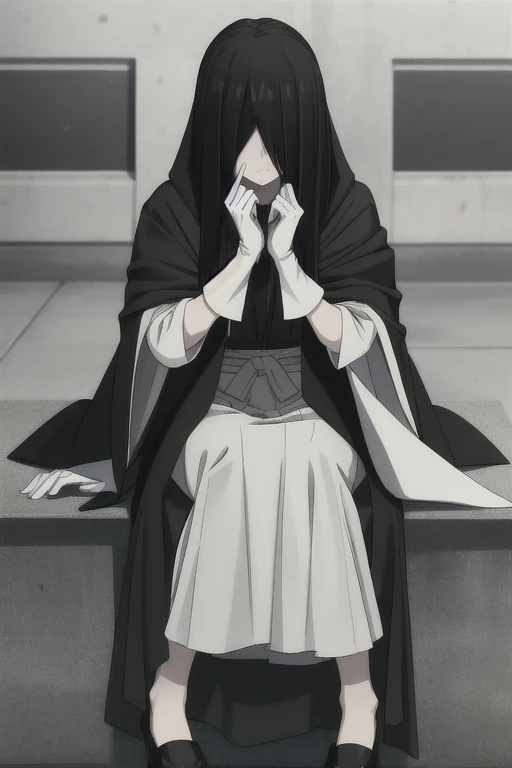 ((masterpiece)), (best quality), (absurdres), black hair, yamamura_sadako, (black obi), (grey skin), hair over eyes, eyes covered, long skirt, long cape, long sleeves, cloak. White gloves, sitting