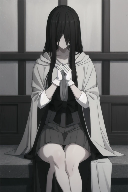 ((masterpiece)), (best quality), (absurdres), black hair, yamamura_sadako, (black obi), (grey skin), hair over eyes, eyes covered, long skirt, long cape, long sleeves, cloak. White gloves, sitting