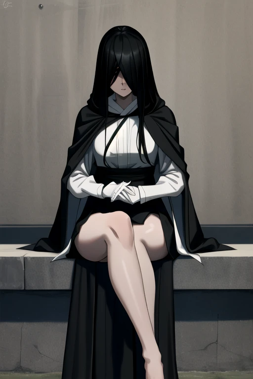 ((masterpiece)), (best quality), (absurdres), black hair, yamamura_sadako, (black obi), (grey skin), hair over eyes, eyes covered, long skirt, long cape, long sleeves, cloak. White gloves, sitting