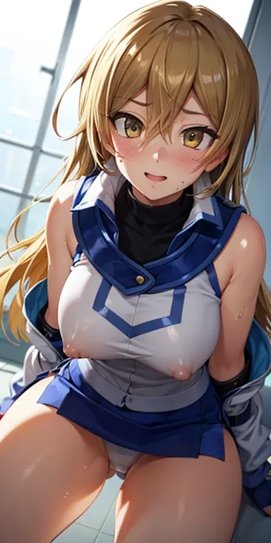 1 Female,High definition,high resolution,Ultra-realistic,8K, ta1,blonde hair,yellow eyes, white jacket, sleeveless, blue skirt,tight skirt , miniskirt,fingerless gloves,European,sexy,Upper body close-up,Photographed from the front,Dynamic Angles,blush, big...