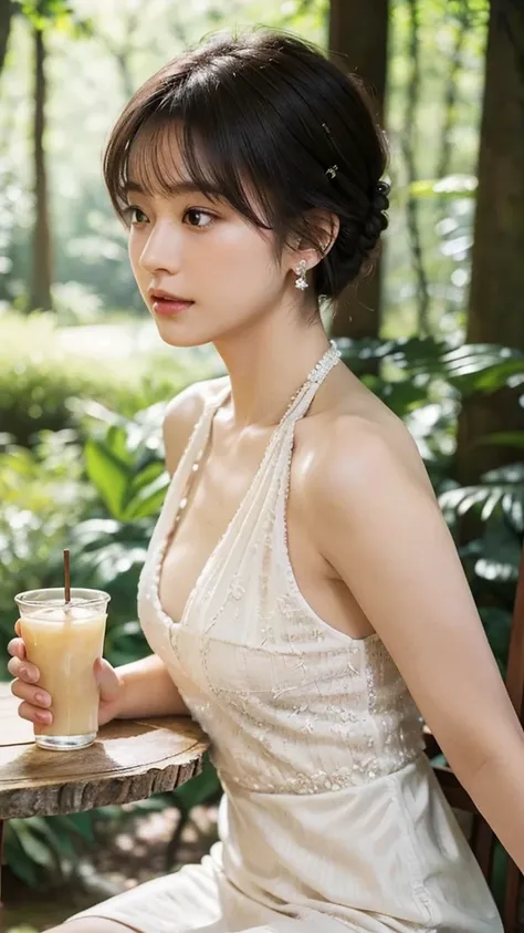 1girl, solo, short hair, dark hair, updo, elegant, white halter dress, sitting, wooden table, cup, outdoors, daytime, forest background, serene, delicate, soft lighting, natural light, jewelry, earrings, rings, looking to the side, young woman, peaceful, d...