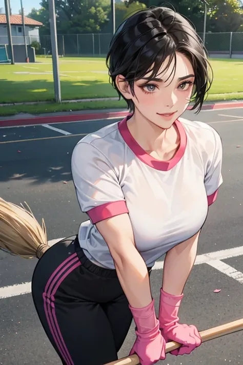 A muscular mature woman with short black hair and a gym uniform with short sleeves and long pants is cleaning up a schoolyard in midsummer with a broom and wearing oversized pink rubber gloves and a gentle smile.