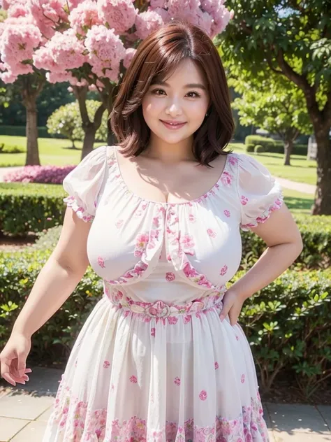 A beautiful and hot almost chubby mature woman.who is wearing a patterned short dress and is and standing in the park. A smiling face、sexy woman、A radiant smile、adorable、race、Frills、Colorful design、Full-length mirror、An inviting gaze、Gorgeous long and beau...