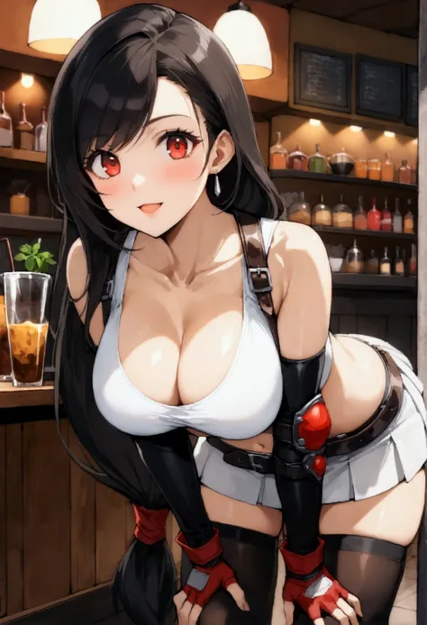 (score_9, score_8_up, score_7_up), BREAK  (masterpeace),(best quality),(aesthetic,very aesthetic),film grain,wide eyes,,1girl, tifa lockhart, final fantasy,(beautiful woman). black hair, low-tied long hair, red eyes, bangs, white tank top,gap, belt, pleate...