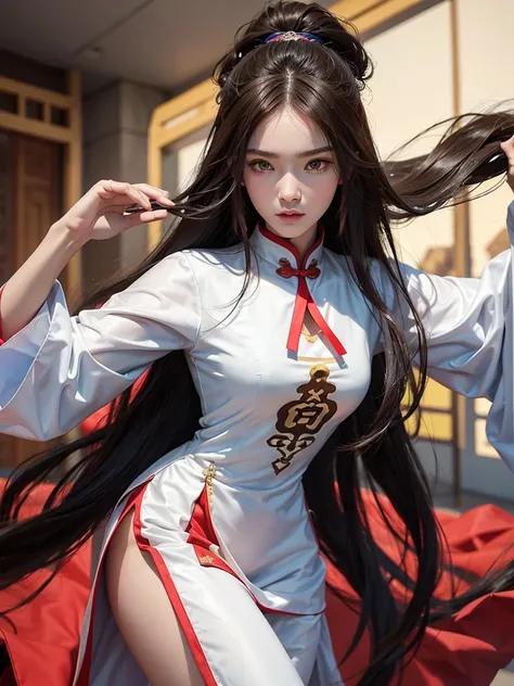 Create an image of a beautiful woman in Chinese martial arts clothing. She has a slender face, sharp eyes, long hair, a responsive face, a high nose, and thin lips. Her skin was bright and white. she has brown hair Her body was slim and muscular like an at...